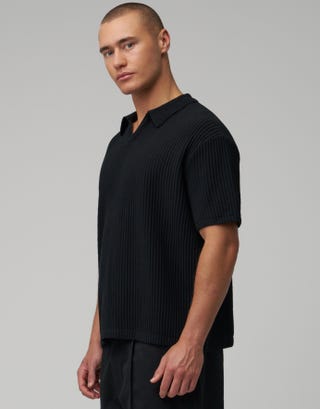 Ribbed Short Sleeve Polo Shirt in Black Detail2