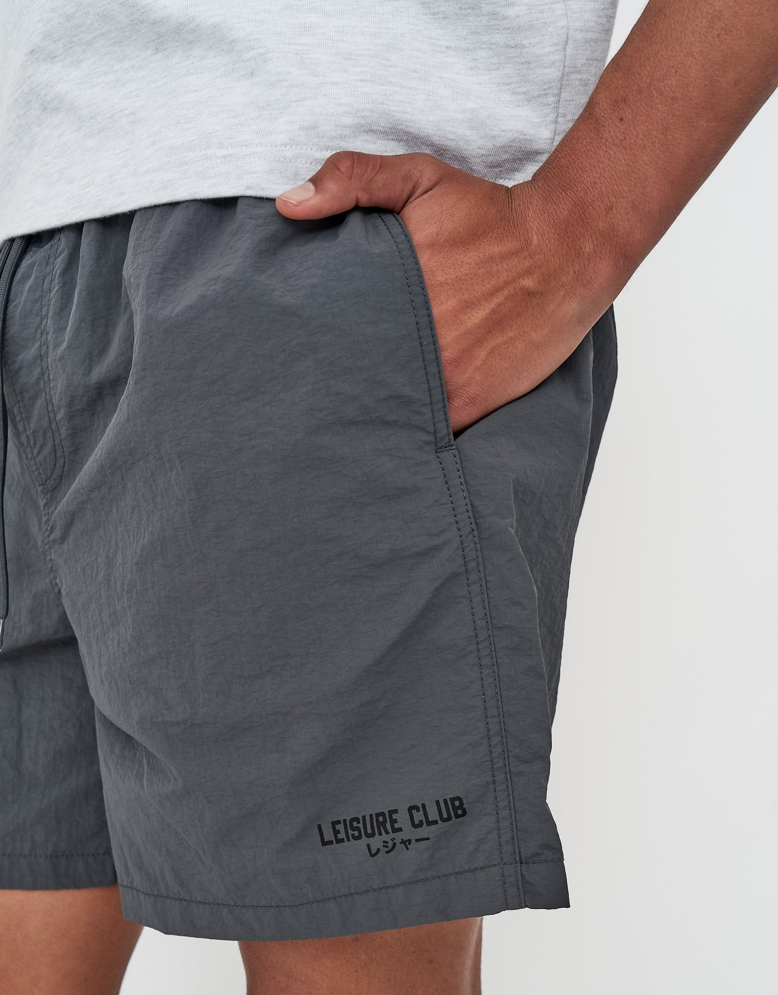 Nylon Leisure Club Print Shorts in Asphalt | Hallensteins NZ