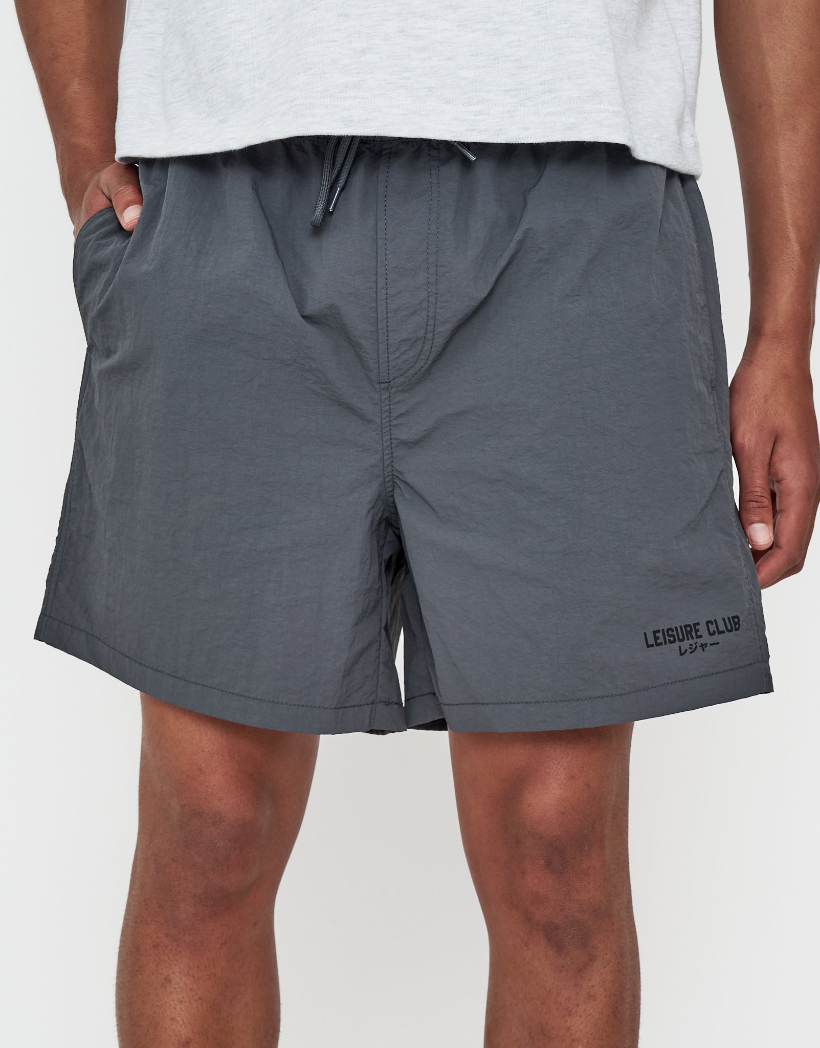 Nylon Leisure Club Print Shorts in Asphalt | Hallensteins NZ