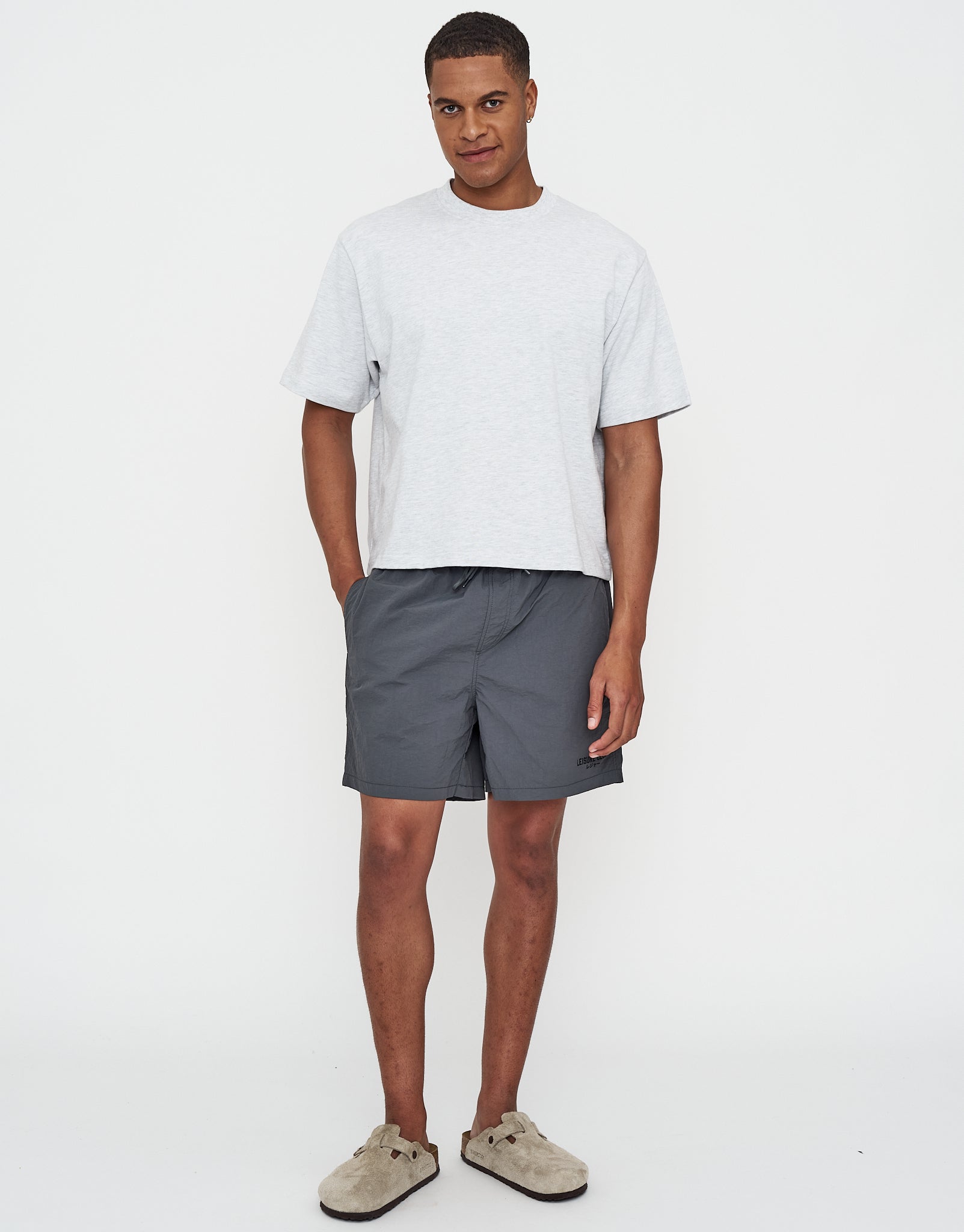 Nylon Leisure Club Print Shorts in Asphalt | Hallensteins NZ