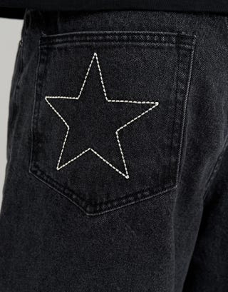Stars Embroidered Baggy Fit Jorts in Washed Black Detail