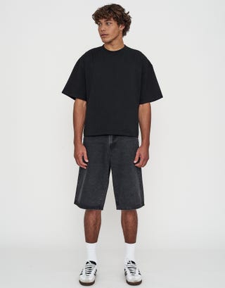 Stars Embroidered Baggy Fit Jorts in Washed Black Full