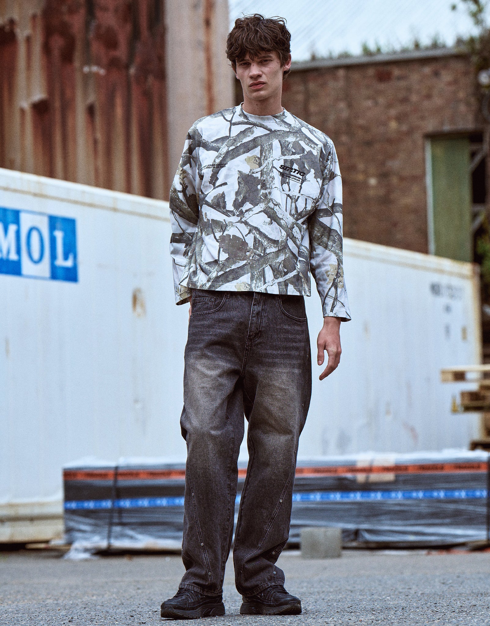 Static Camo Oversized Long Sleeve T Shirt in Grey Camo