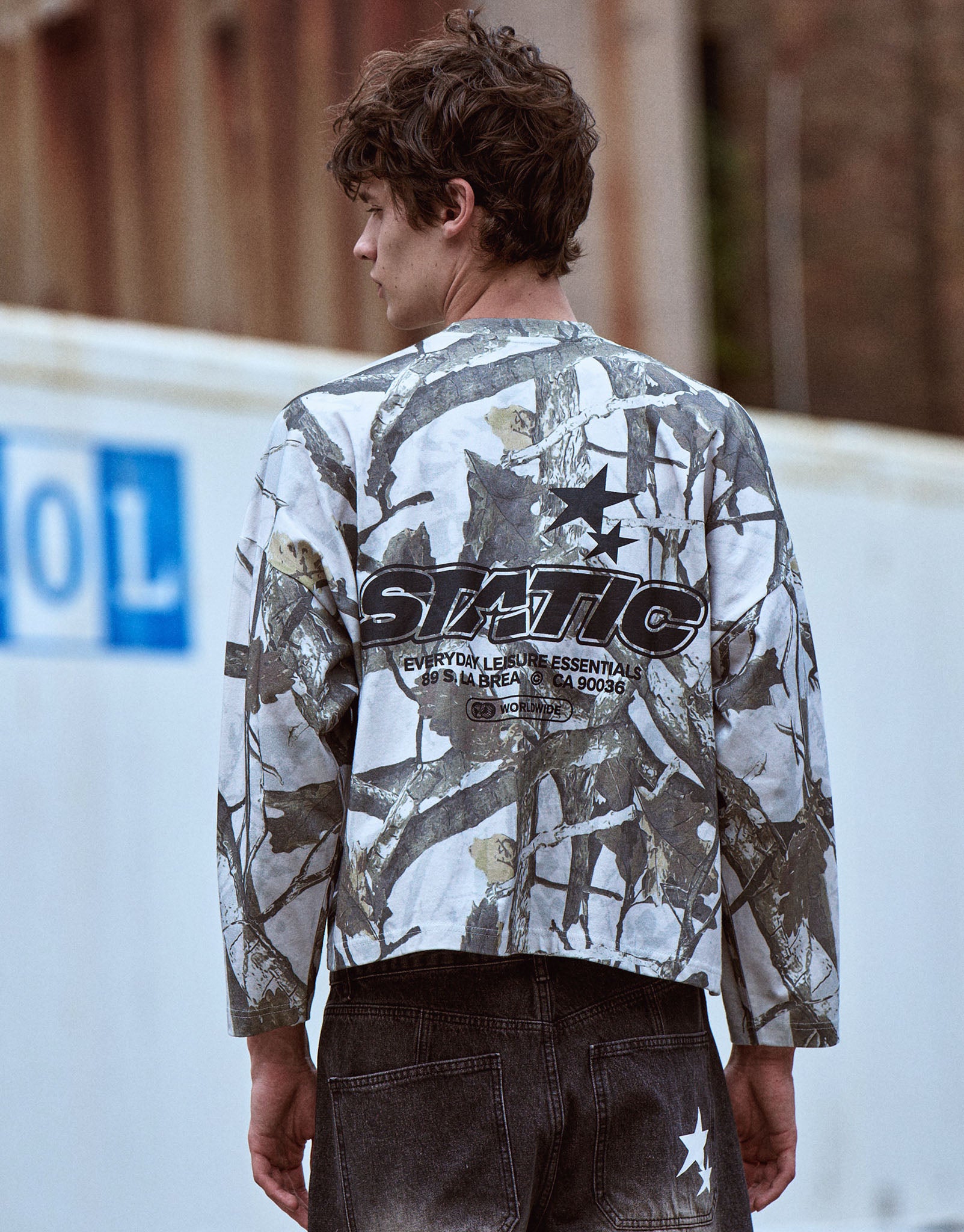Static Camo Oversized Long Sleeve T Shirt in Grey Camo