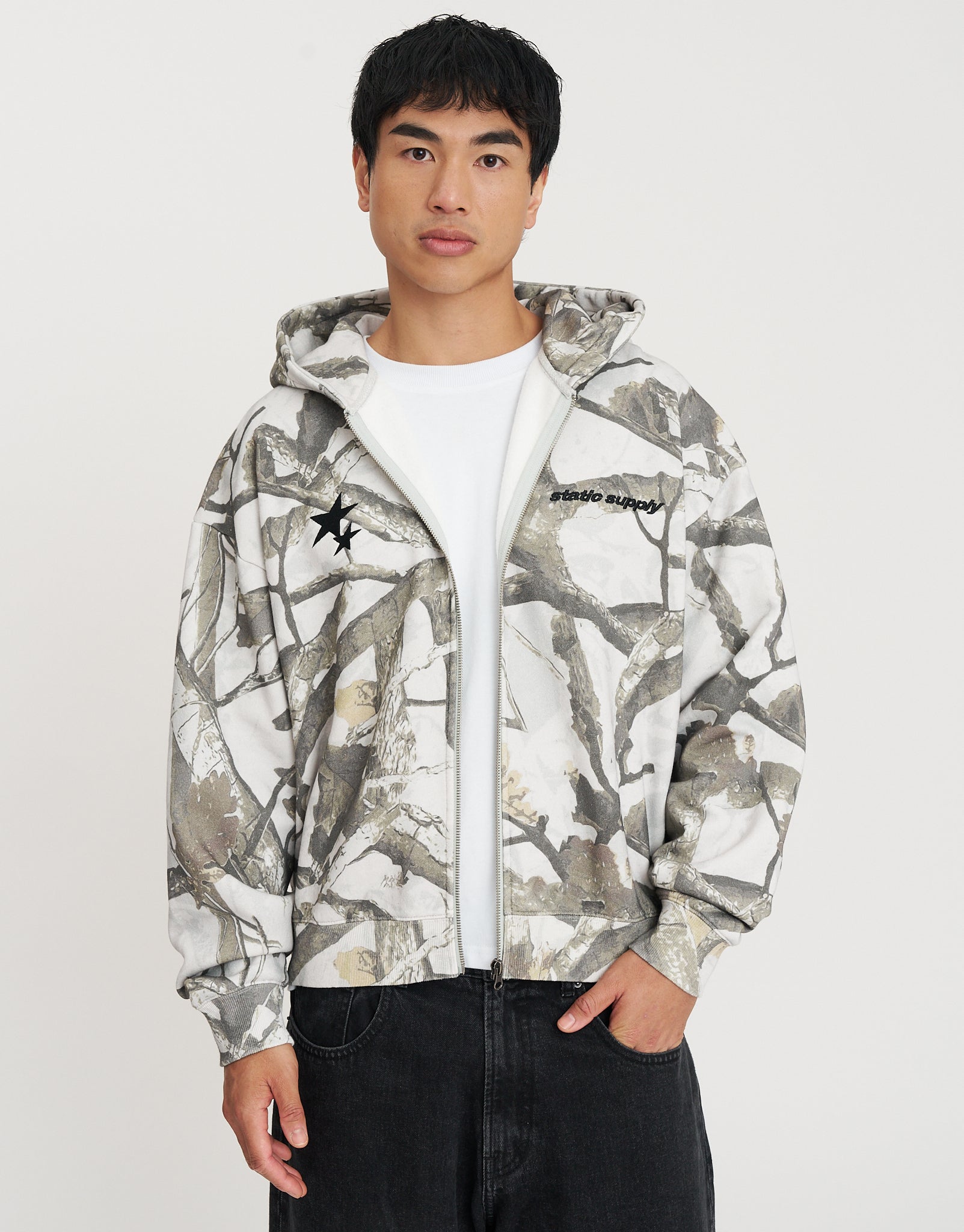 Static Supply Applique Zip Up Hoodie in Grey Camo | Hallensteins NZ
