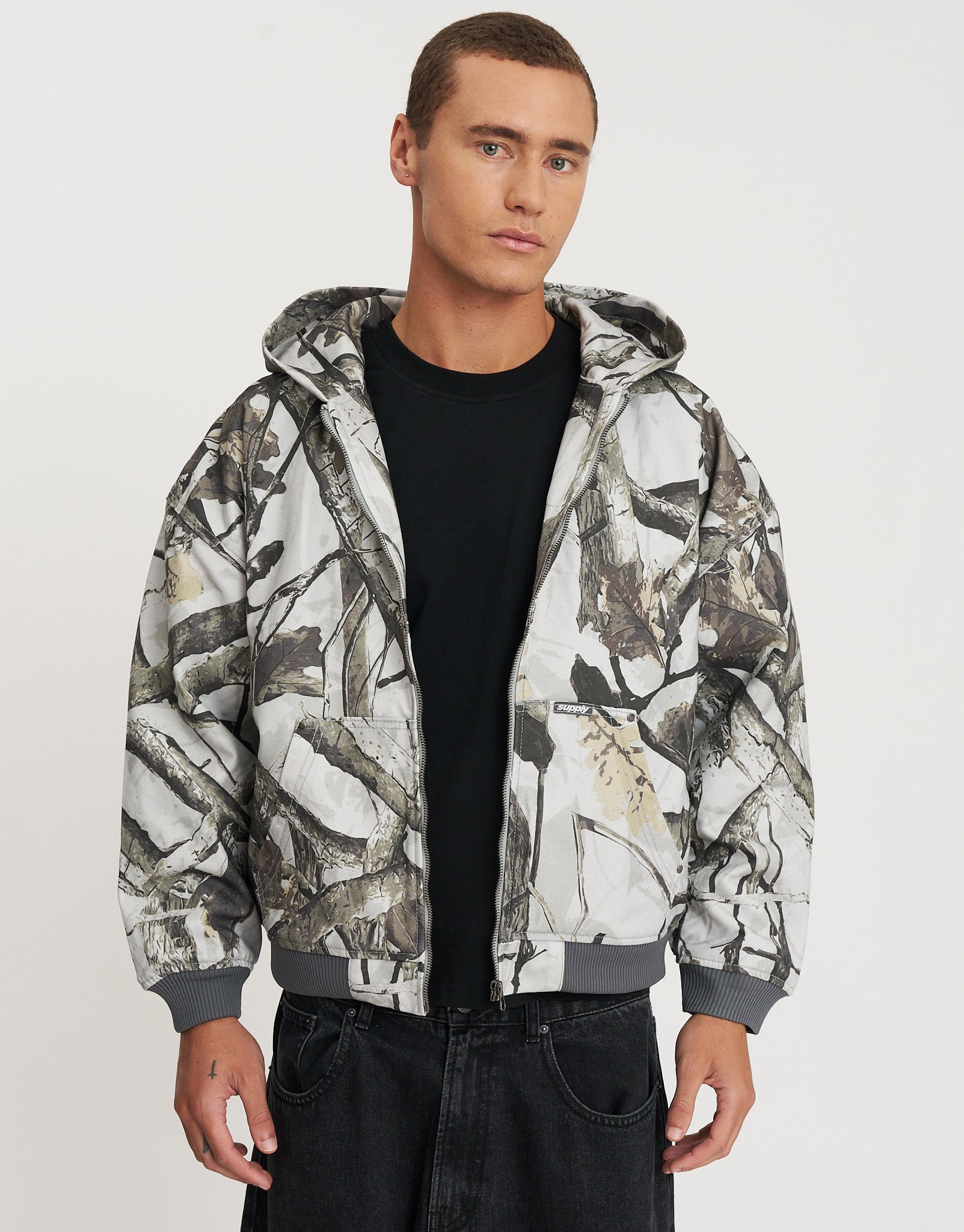 Static Supply Oversized Hooded Jacket in Grey Camo | Hallensteins NZ