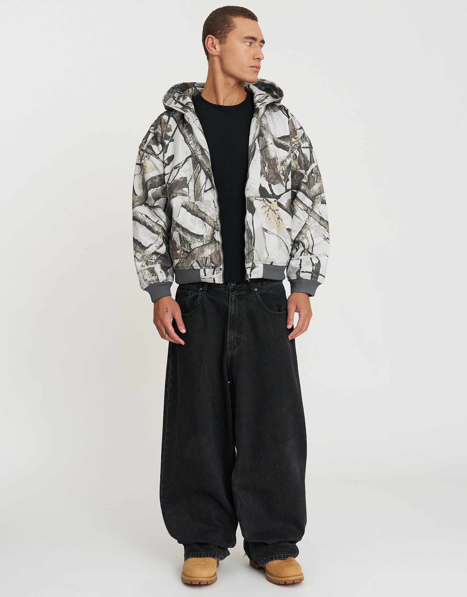 Static Supply Oversized Hooded Jacket in Grey Camo | Hallensteins NZ