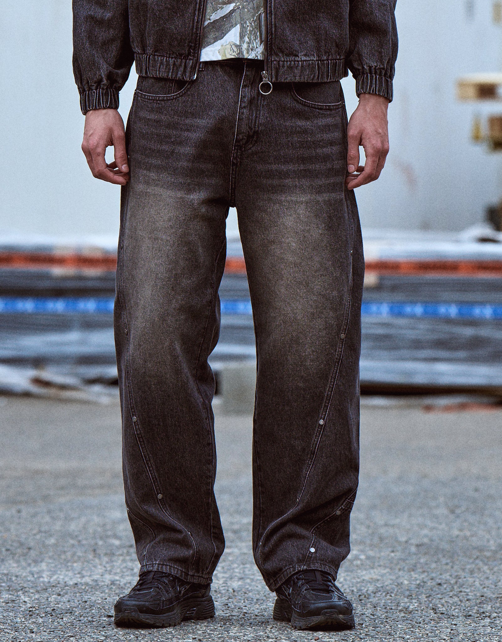 Static Supply Studded Baggy Fit Jeans in Washed Black