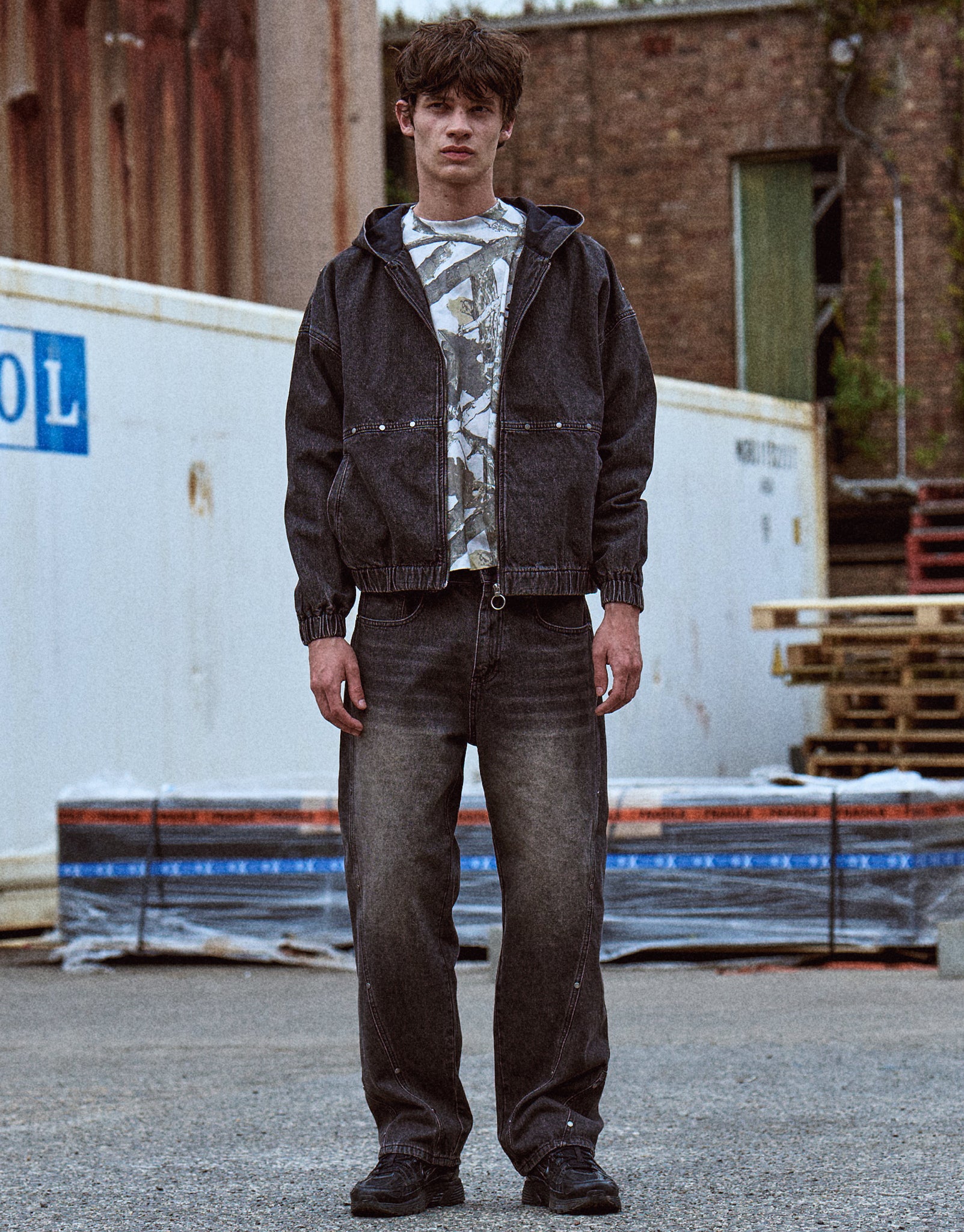 Static Supply Studded Baggy Fit Jeans in Washed Black