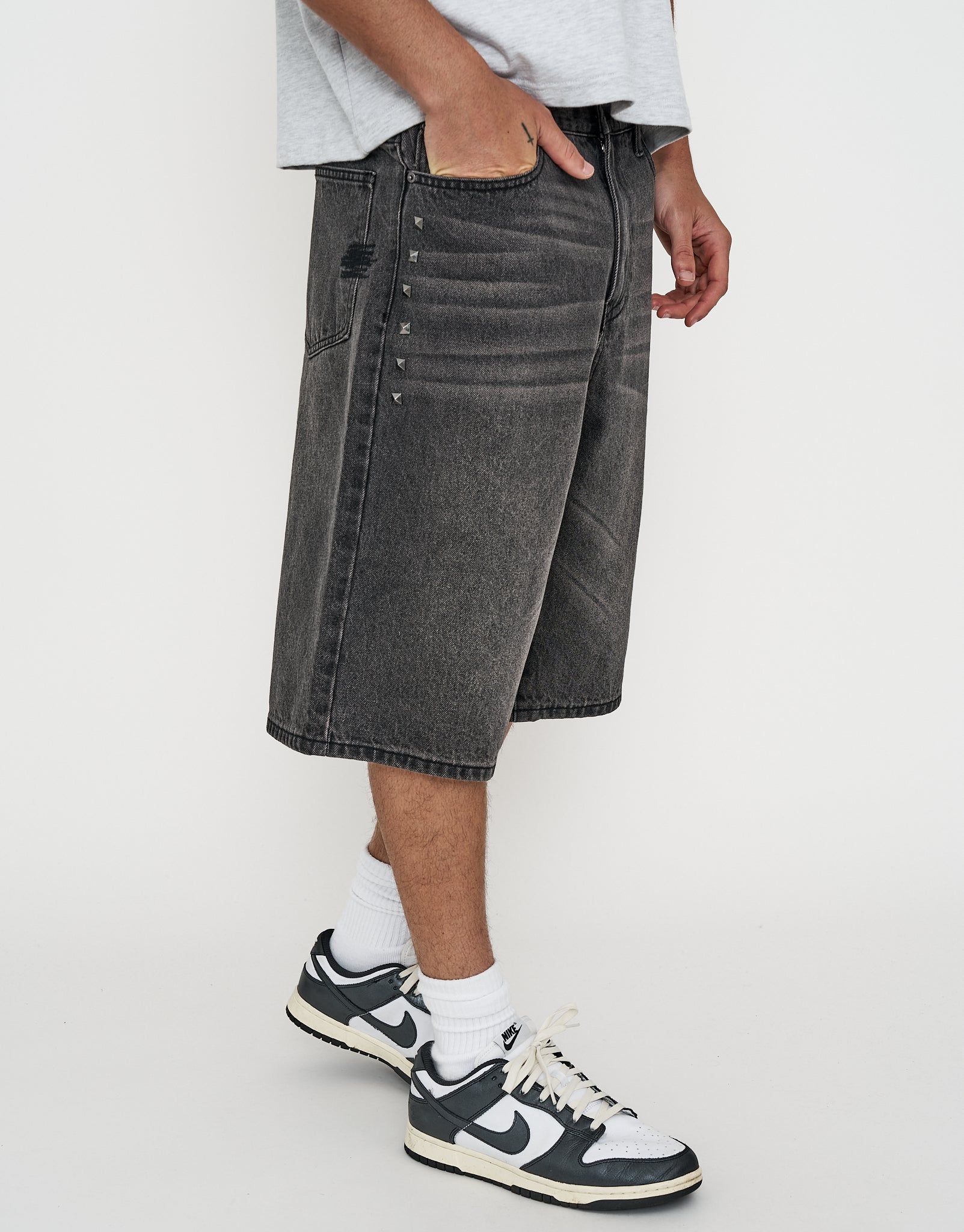 Studded Baggy Fit Jorts in Gothic Black | Hallensteins AU