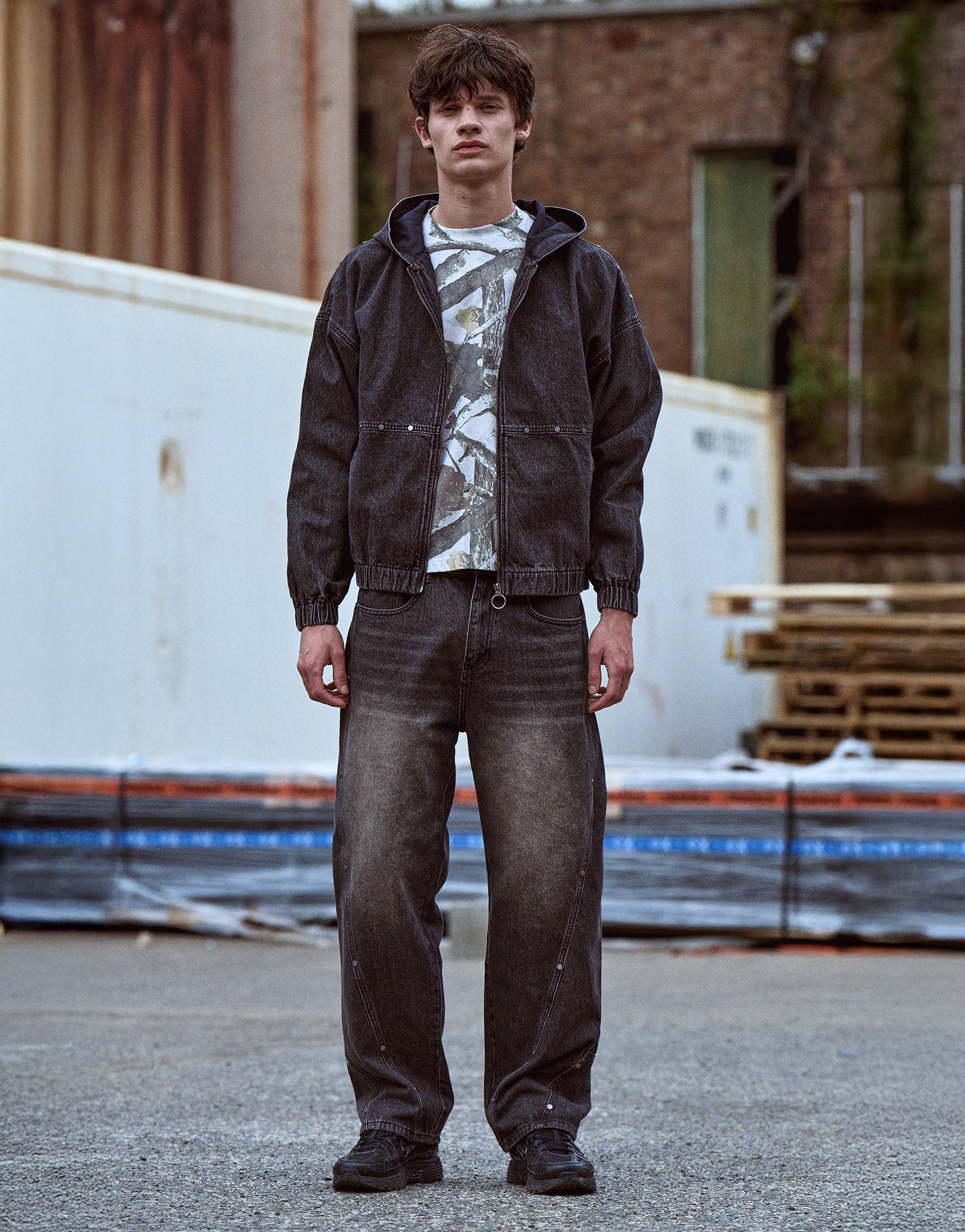 Studded Hooded Denim Jacket in Washed Black | Hallensteins AU