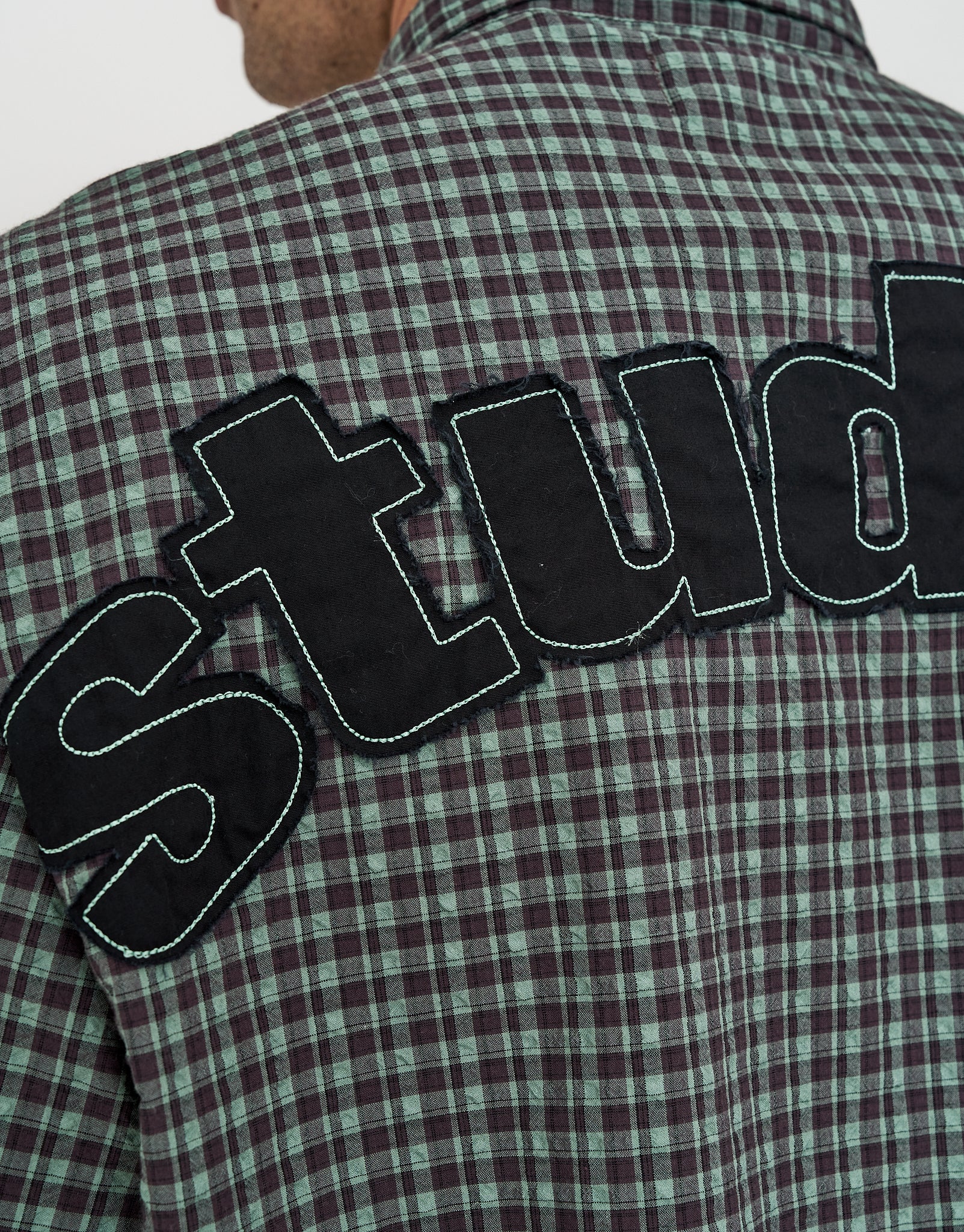 Studio Check Cropped Short Sleeve Shirt in Green | Hallensteins AU