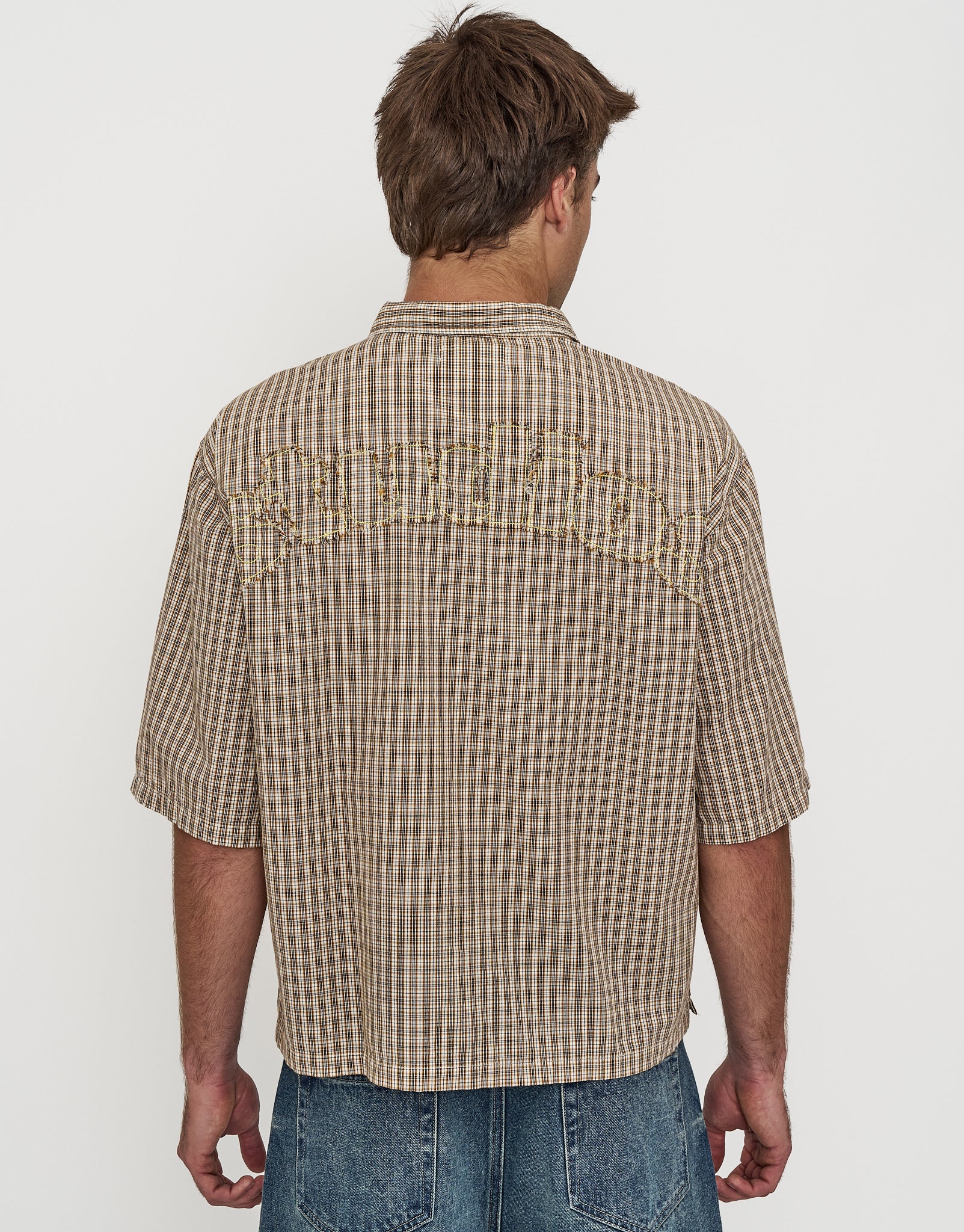 Studio Check Cropped Short Sleeve Shirt in Peach | Hallensteins AU