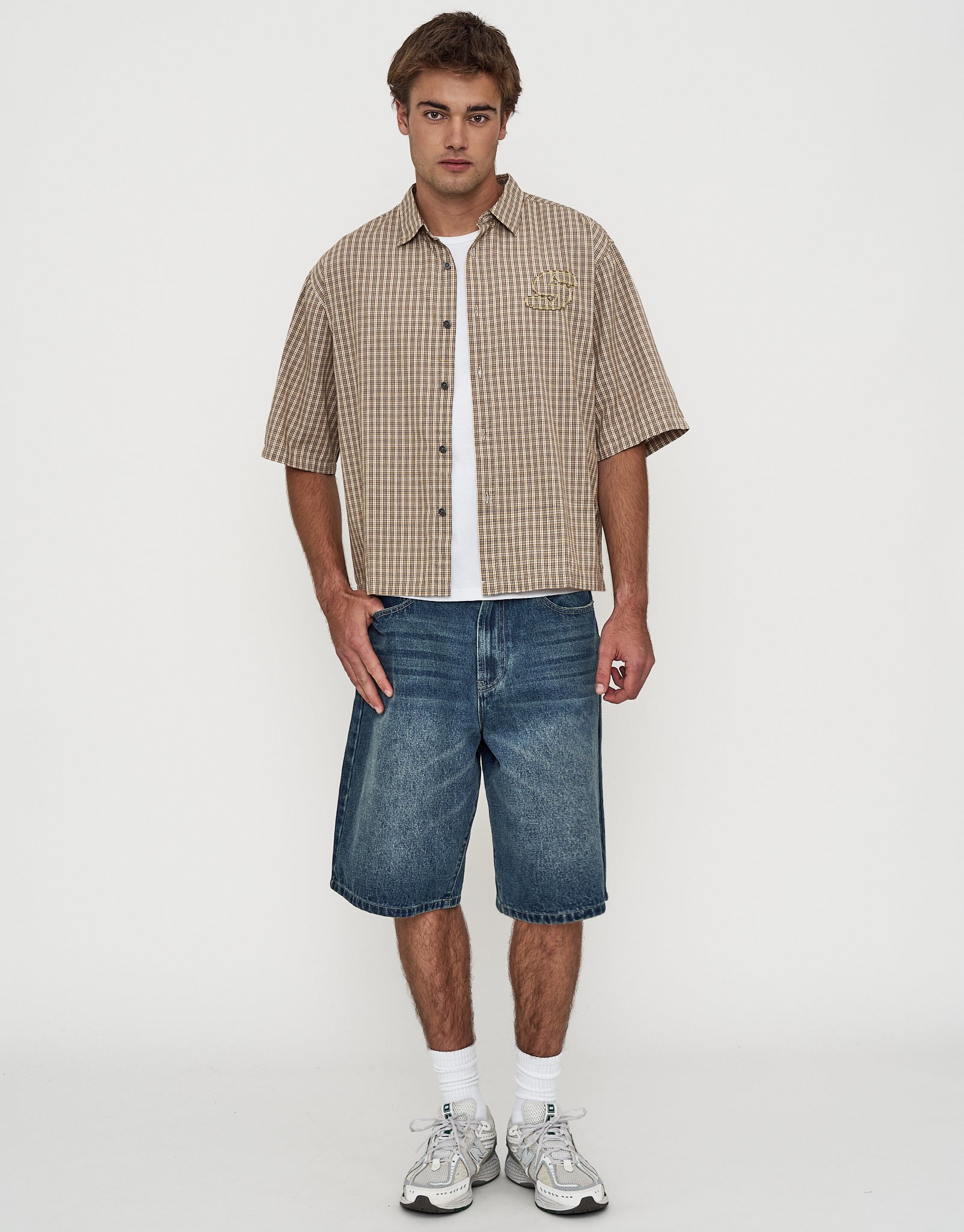 Studio Check Cropped Short Sleeve Shirt in Peach | Hallensteins NZ