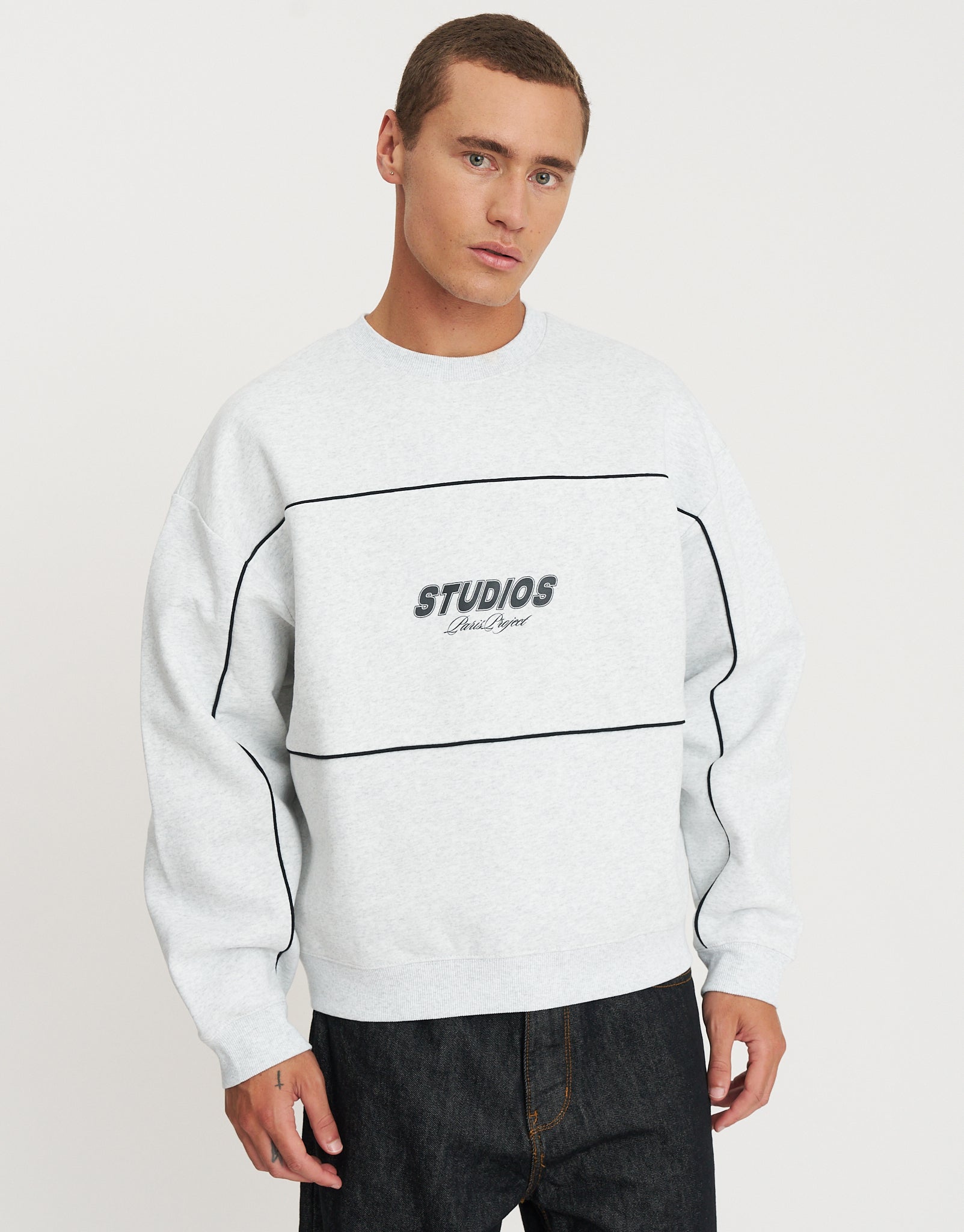 Studios Piped Oversized Crew Neck Sweat in Snow Marle