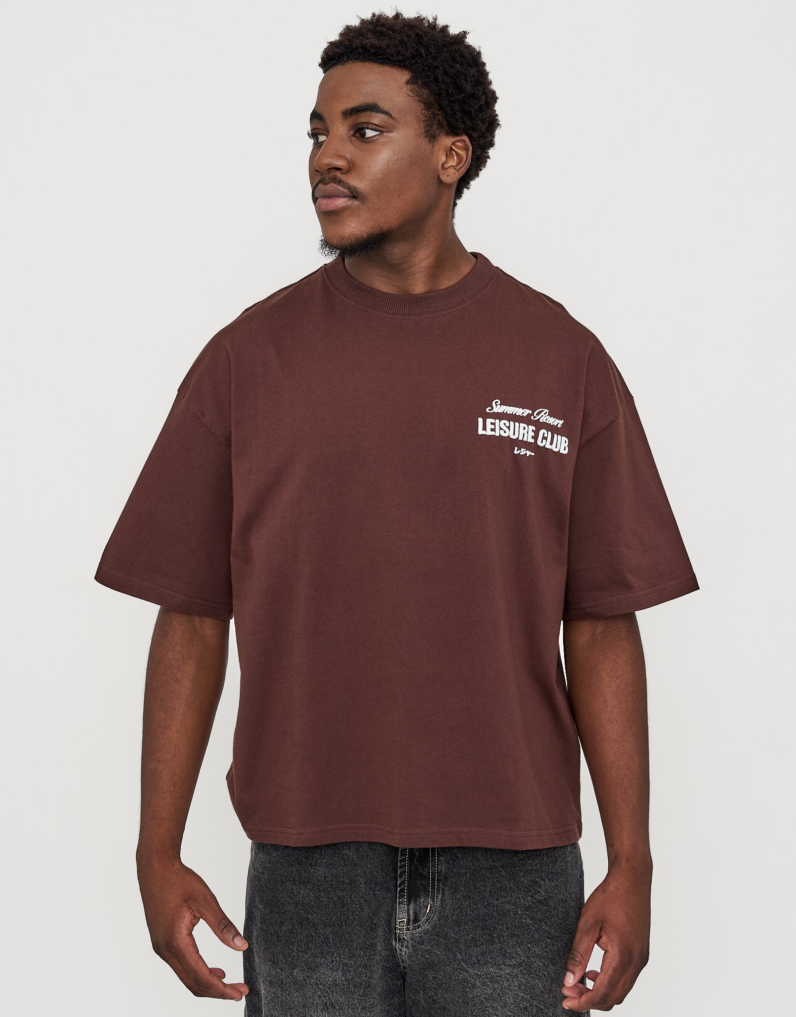Leisure Summer Cropped Box Fit T Shirt in Bitter Brown