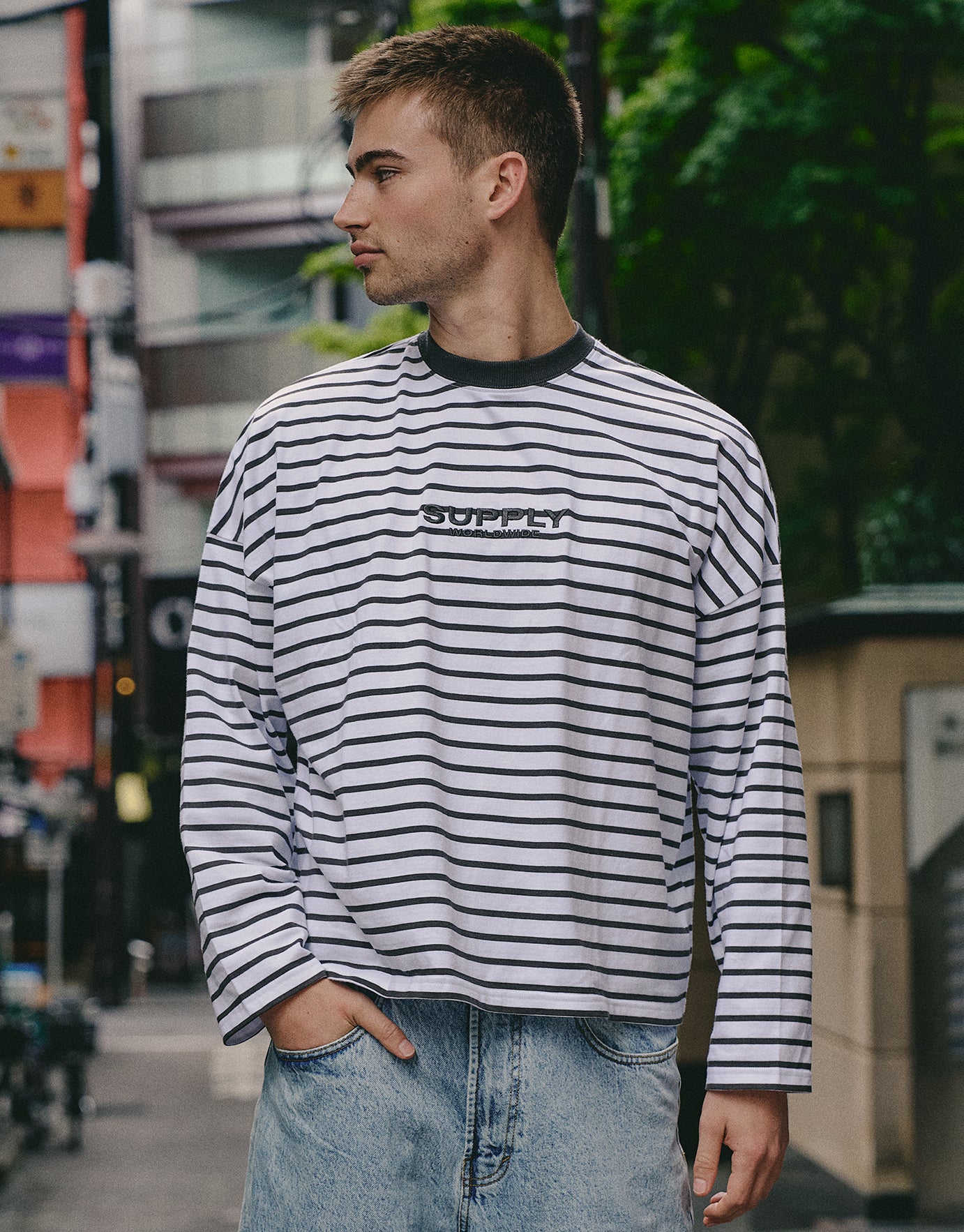 Supply Striped Cropped Long Sleeve T Shirt in Blanc | Hallensteins AU