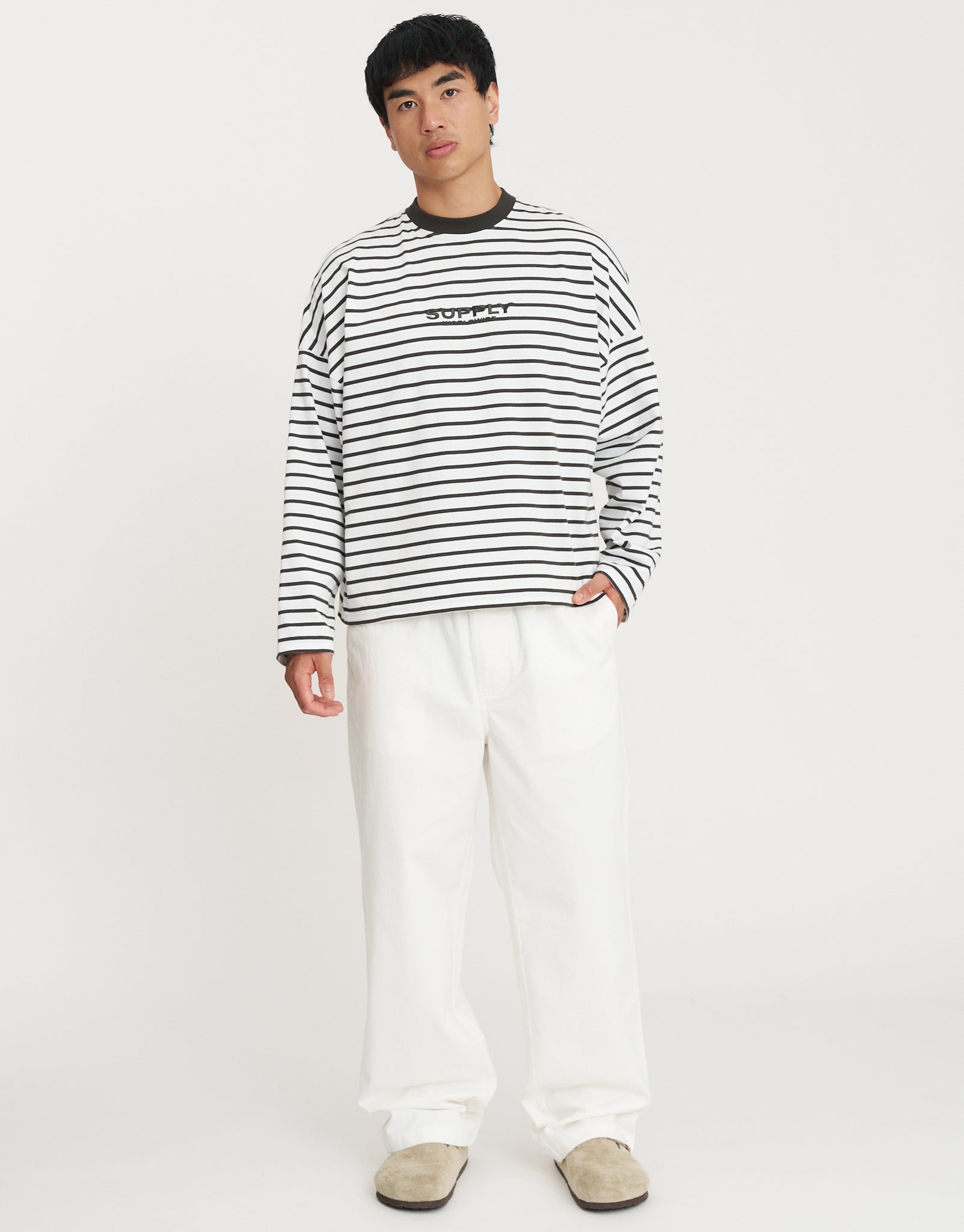 Supply Striped Cropped Long Sleeve T Shirt in Blanc | Hallensteins NZ