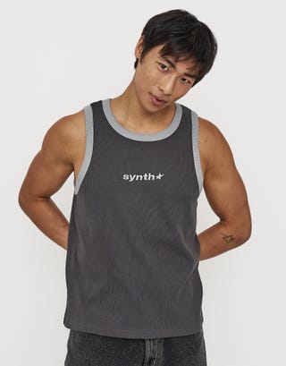 Ribbed Synth Singlet in Pewter Grey Front