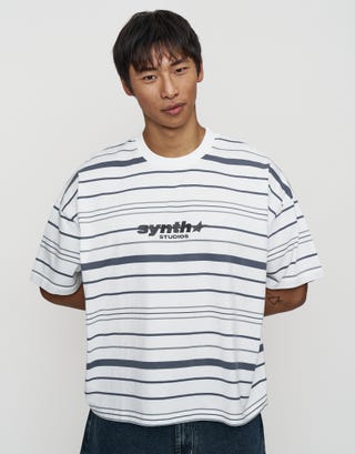 Synth Stripe Box Fit T Shirt in Blanc Front