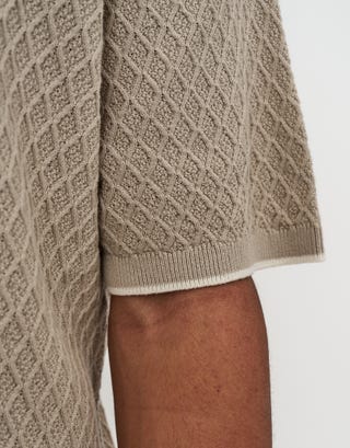 Textured Button Up Short Sleeve Polo Shirt in Oat Detail2
