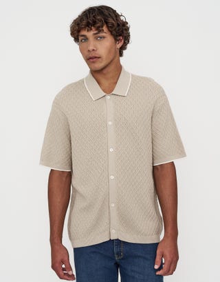 Textured Button Up Short Sleeve Polo Shirt in Oat Detail3