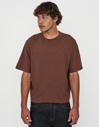 Textured Cropped Relaxed Fit T Shirt in Earth Brown Detail2