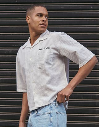 Textured Stripe Cropped Short Sleeve Shirt in White Back