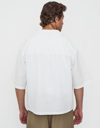 Textured Stripe Cropped Short Sleeve Shirt in White Detail