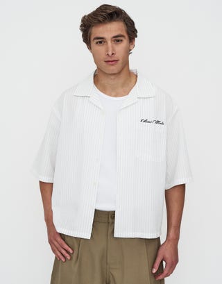 Textured Stripe Cropped Short Sleeve Shirt in White Detail2