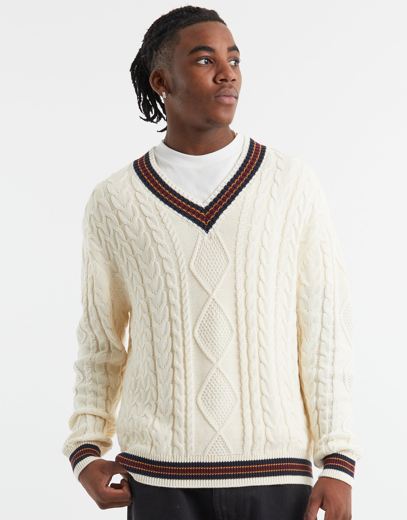 V-neck Stripe Cable Knitted Jumper in Cream | Hallensteins NZ