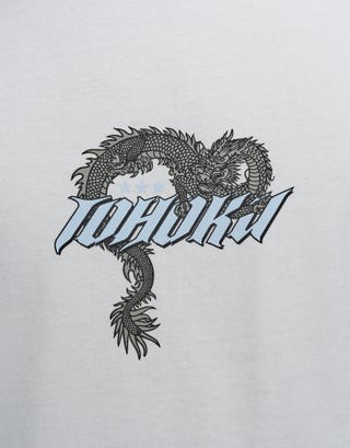 Tohoku Dragon Cropped Box Fit T Shirt in Blanc Detail