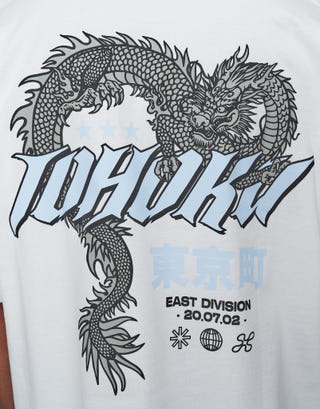 Tohoku Dragon Cropped Box Fit T Shirt in Blanc Detail2
