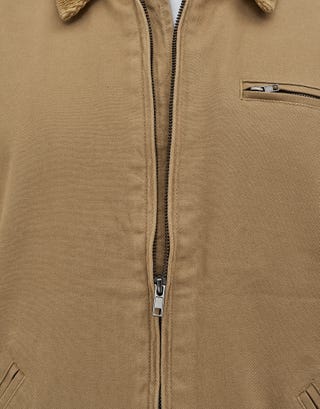 Twill Harrington Zip Up Jacket in Tan Detail2