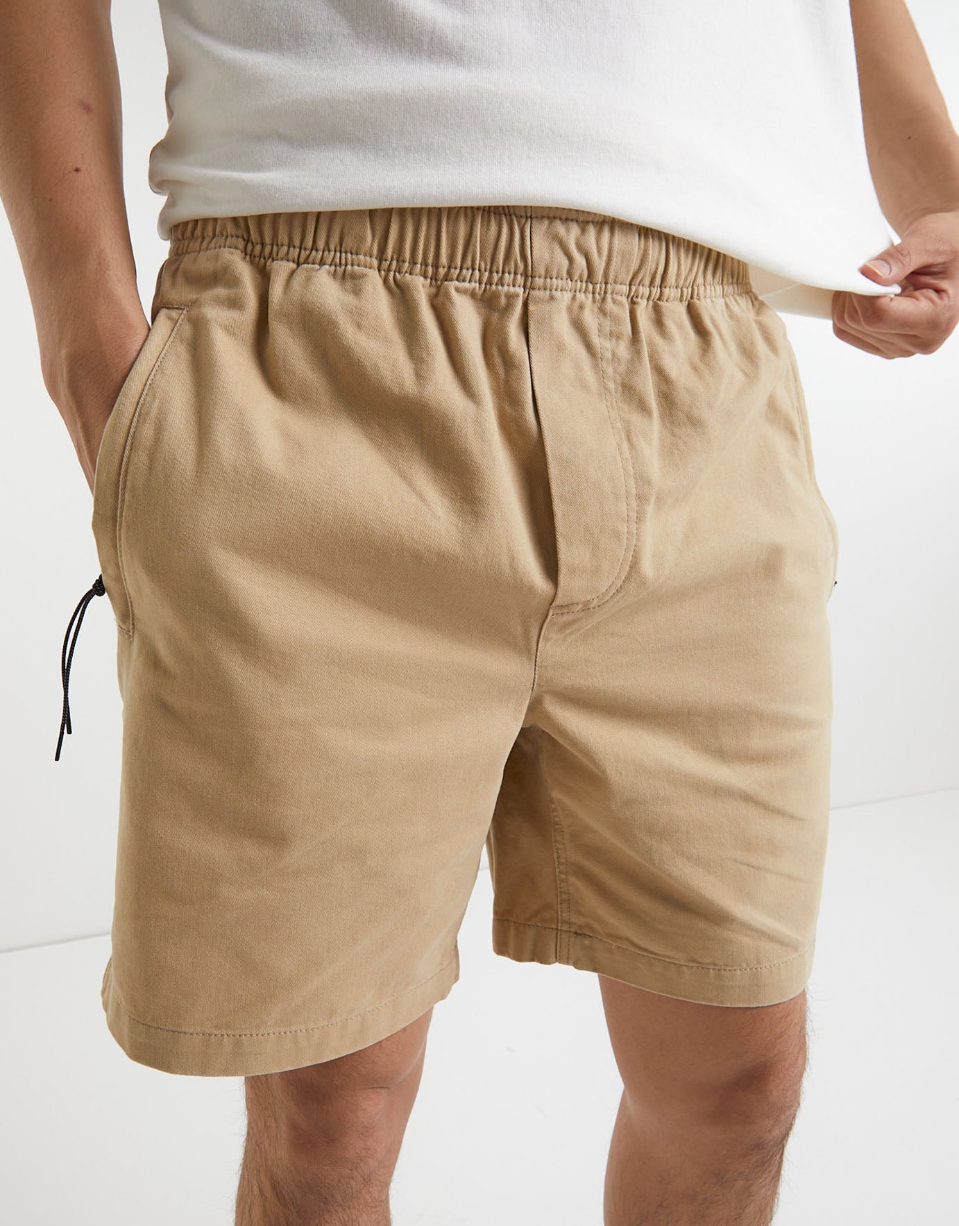 Twill Tech Elastic Waist Shorts in Tan 