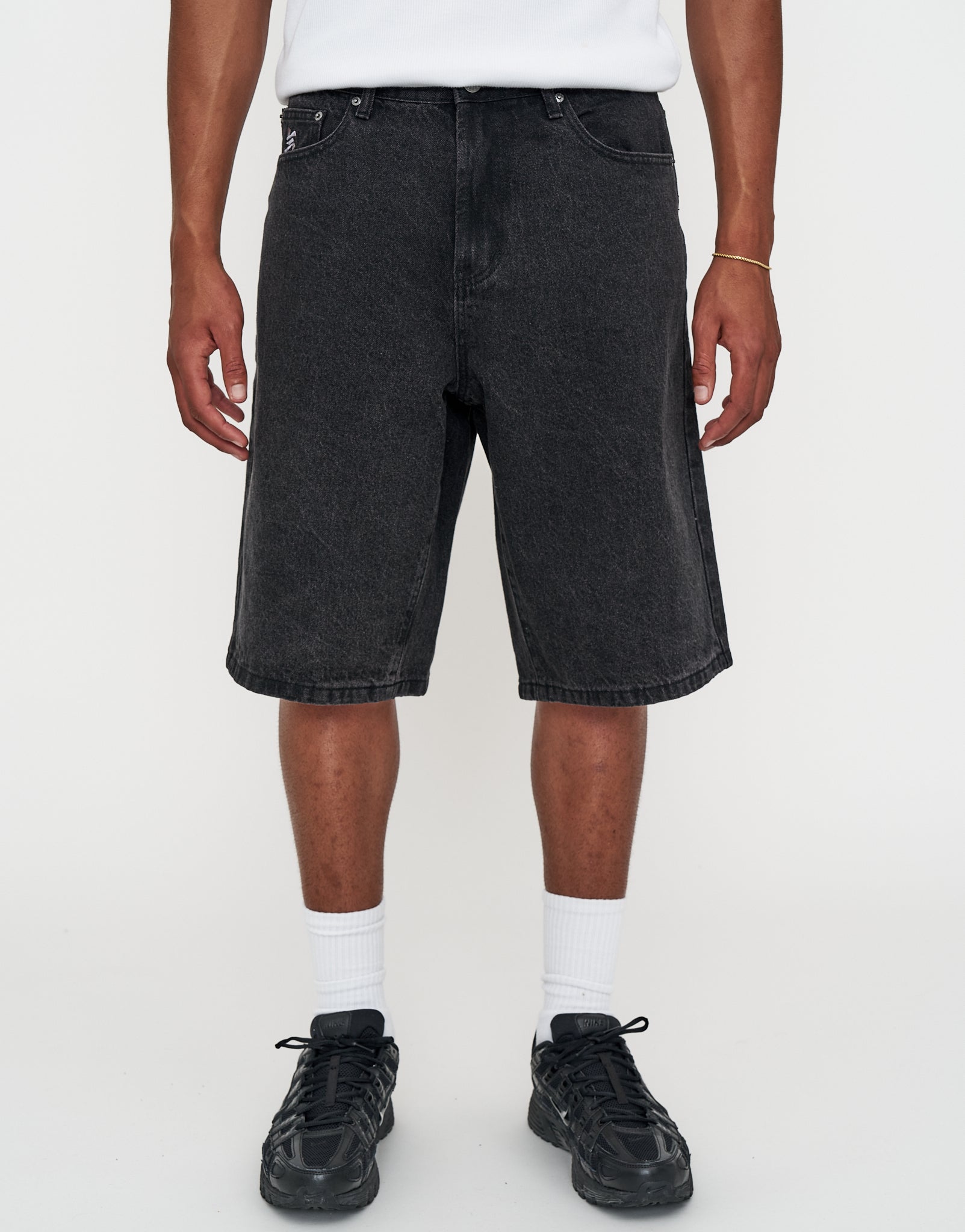 Dragons Embroidered Baggy Fit Jorts in Washed Black | Hallensteins NZ