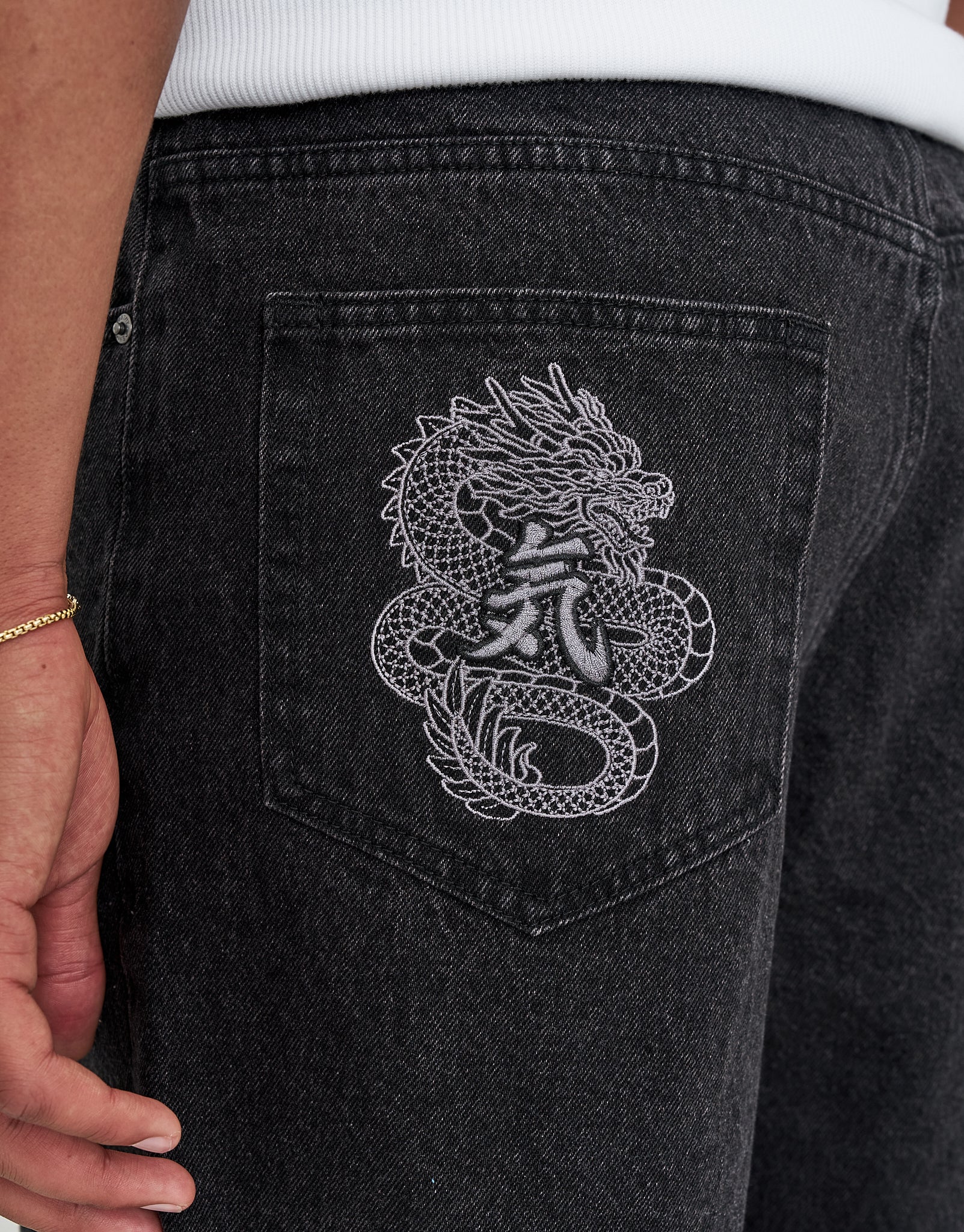 Dragons Embroidered Baggy Fit Jorts in Washed Black | Hallensteins NZ