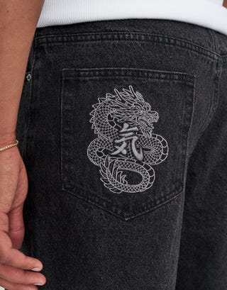 Dragons Embroidered Baggy Fit Jorts in Washed Black Detail