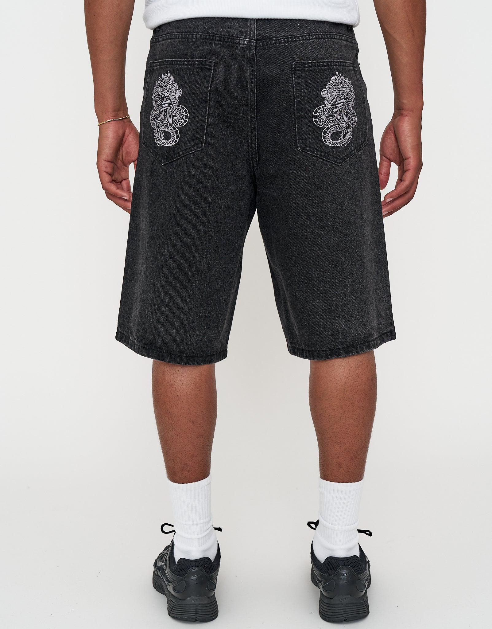 Dragons Embroidered Baggy Fit Jorts in Washed Black | Hallensteins NZ