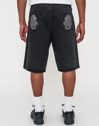 Dragons Embroidered Baggy Fit Jorts in Washed Black Front