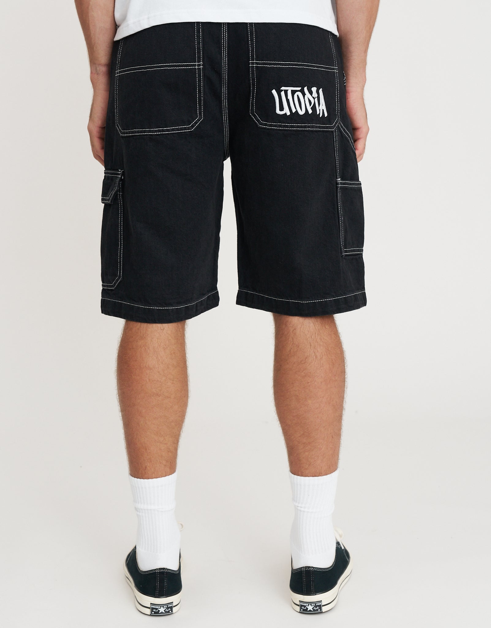 Utopia Embroidered Carpenter Cargo Jorts in Washed Black