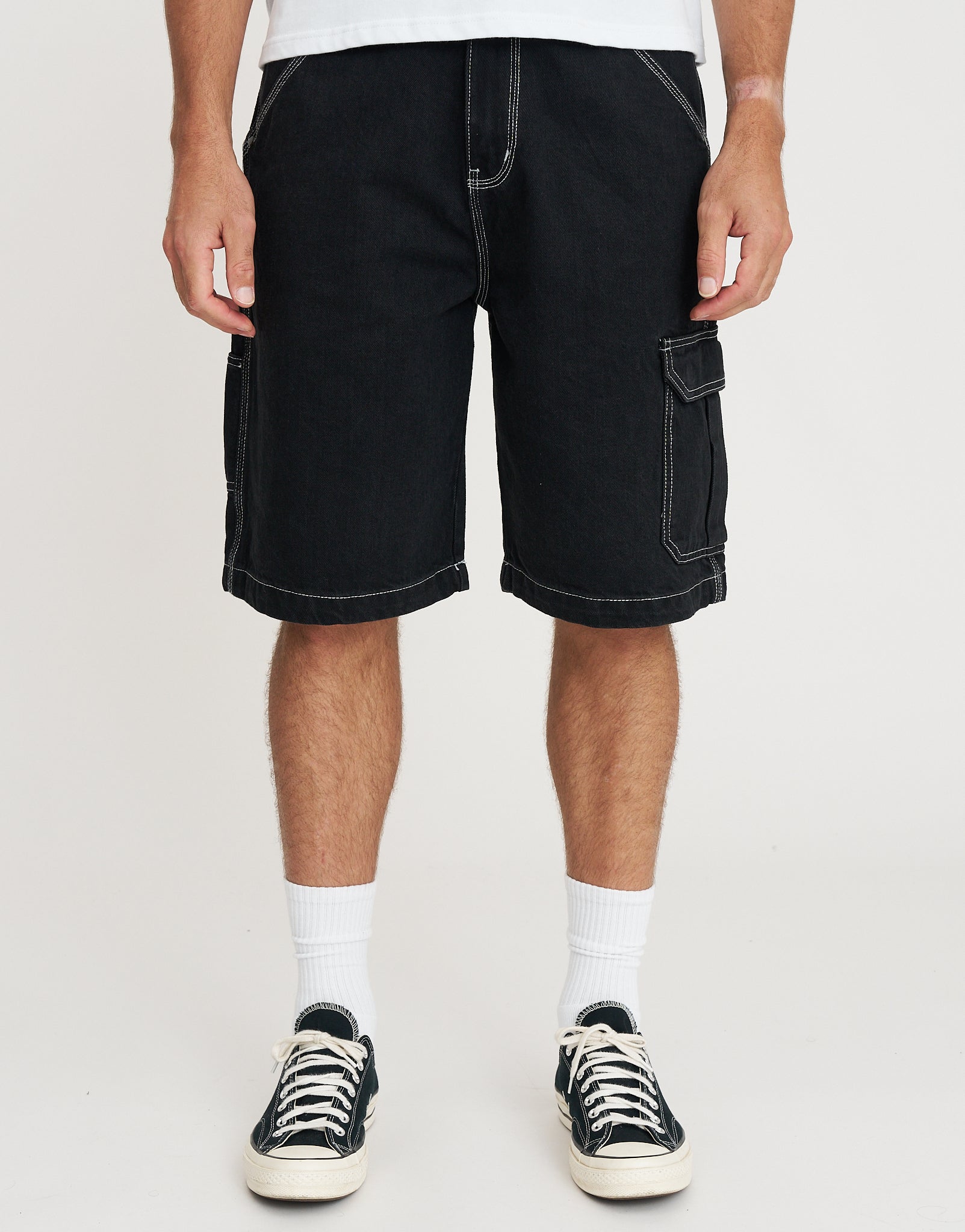 Utopia Embroidered Carpenter Cargo Jorts in Washed Black