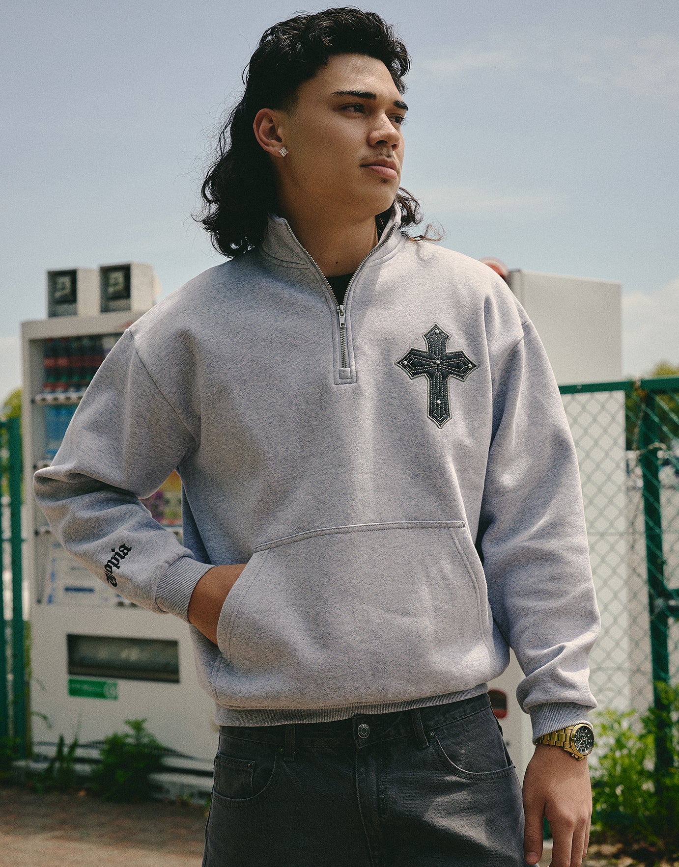 Utopia Funnel Neck Oversized Quarter Zip Sweat in Grey Marl