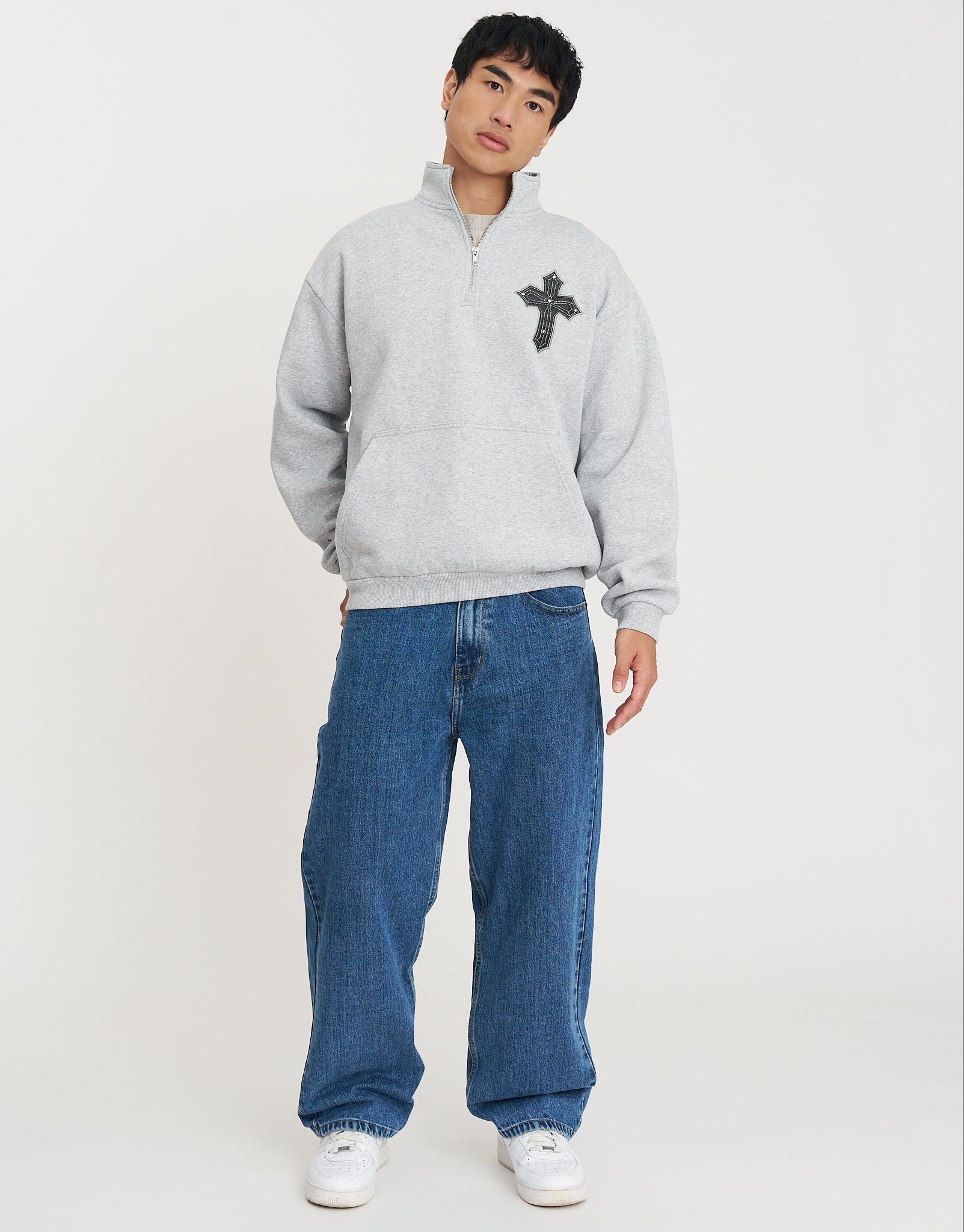 Utopia Funnel Neck Oversized Quarter Zip Sweat in Grey Marl