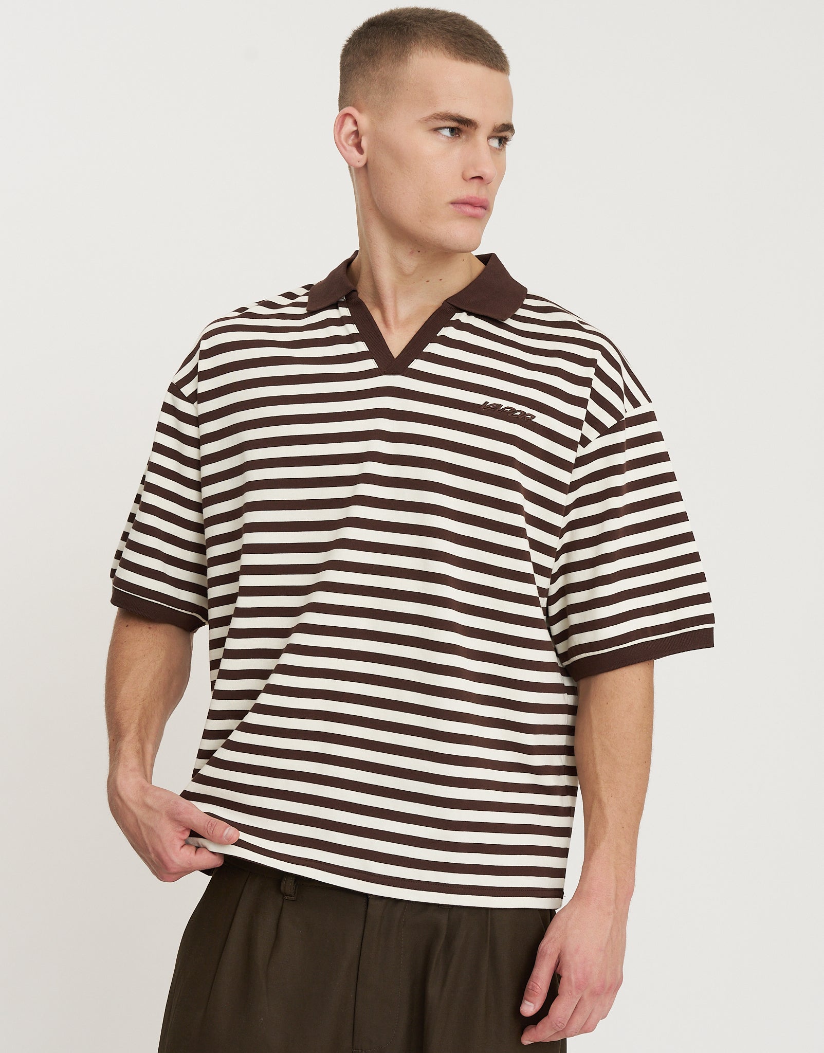 Vapor Striped Short Sleeve Polo in Bitter Brown | Hallensteins NZ