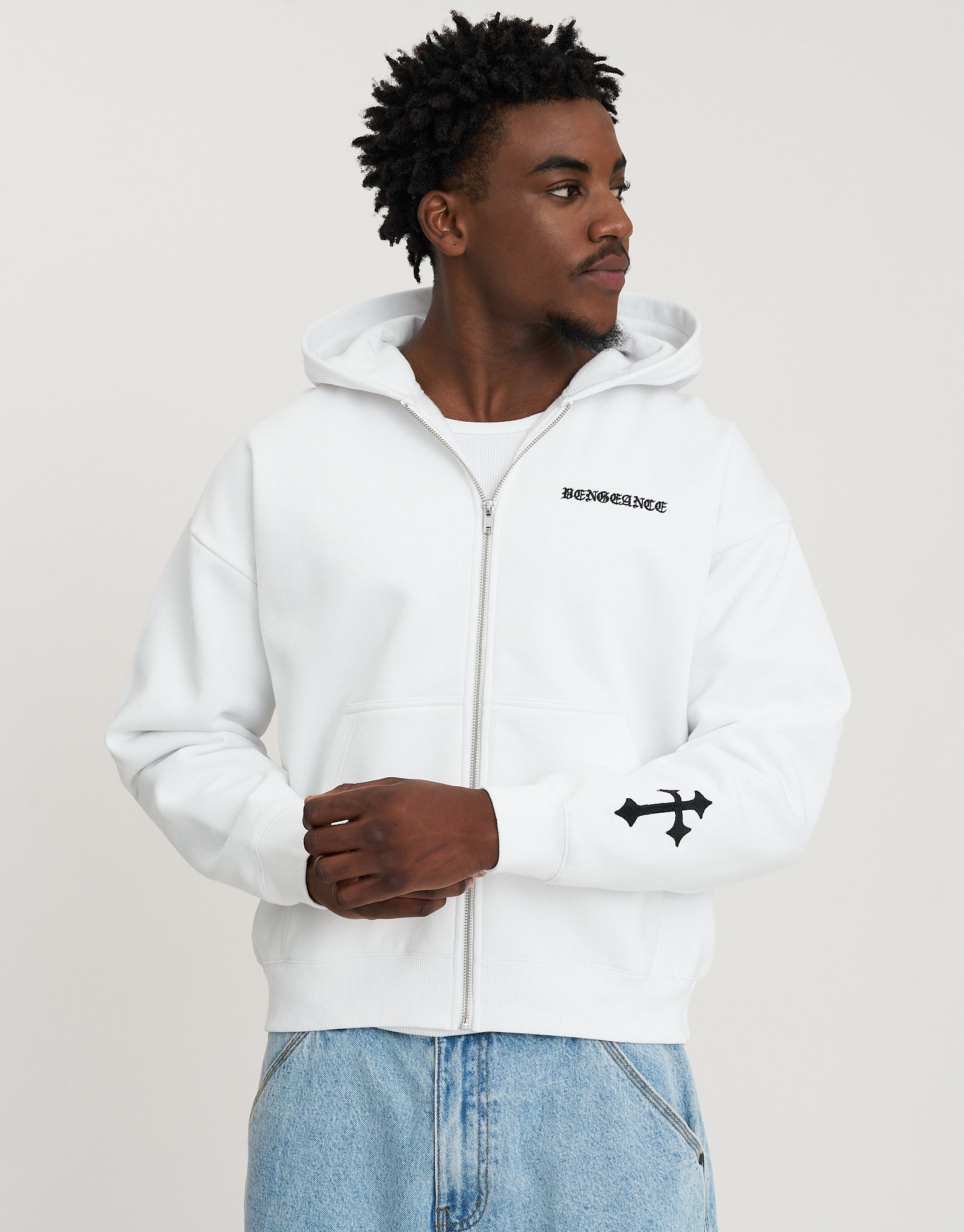 Oversized Vengeance Zip Up Hoodie in Blanc | Hallensteins NZ