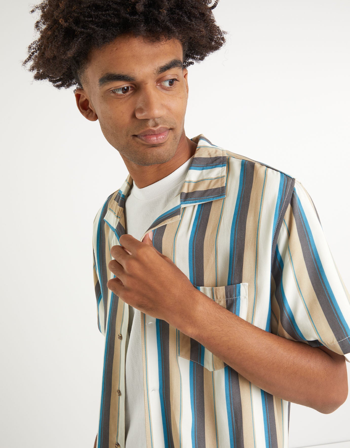 Cuban Collar Striped Short Sleeve Shirt 