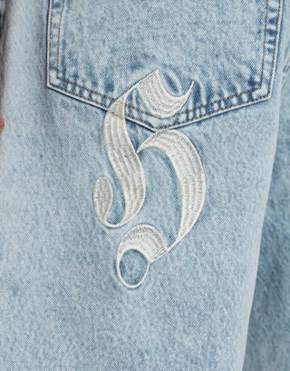 Vipers Embroidered Baggy Fit Jorts in Vintage Light Blue Detail