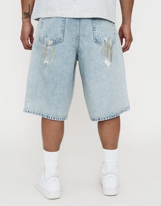 Vipers Embroidered Baggy Fit Jorts in Vintage Light Blue Front