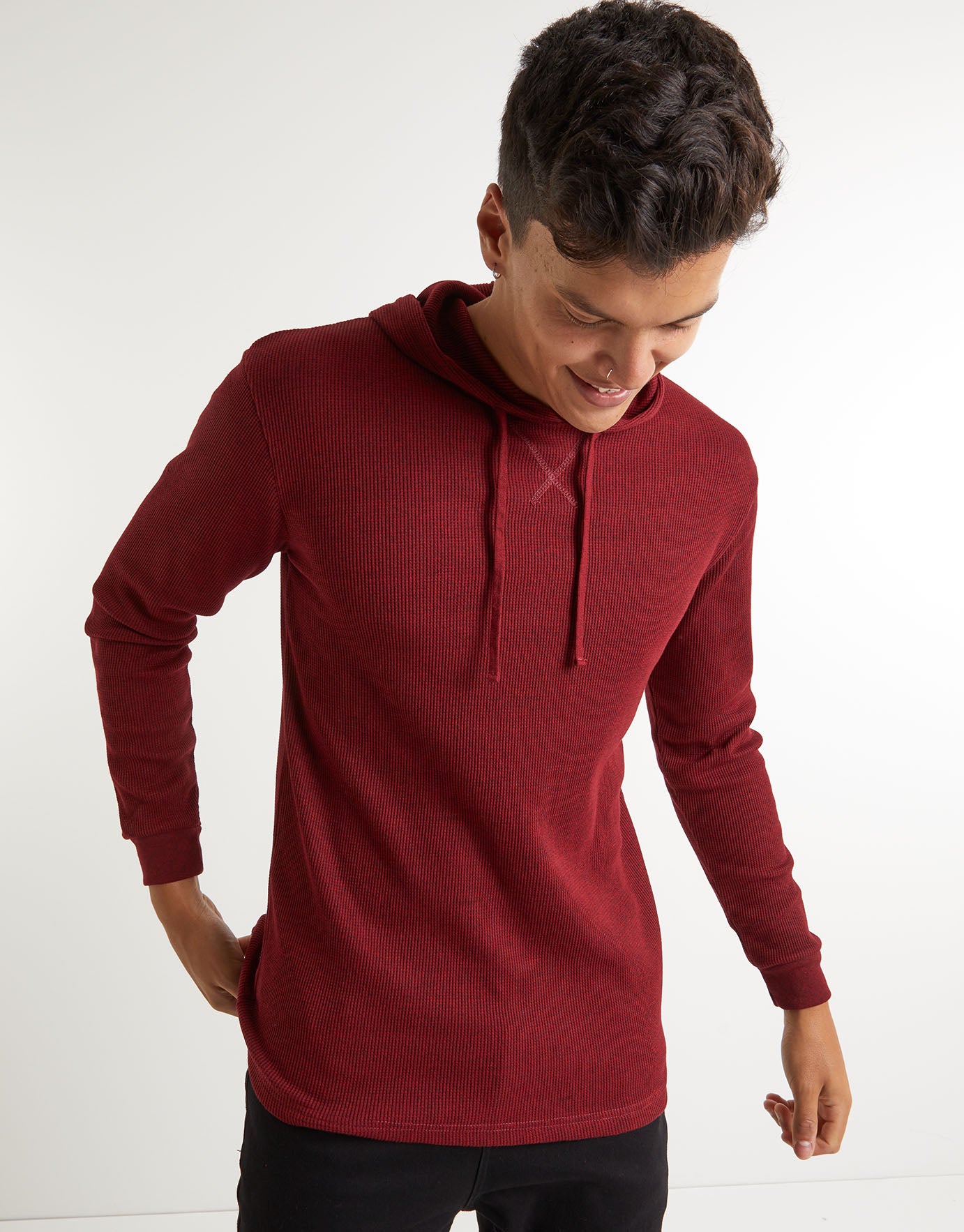 Hooded Waffle Long Sleeve T Shirt in 